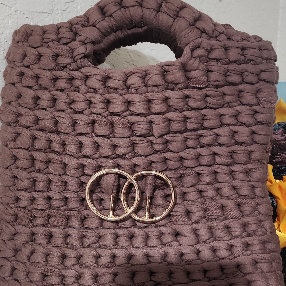 Brown Woven Handbag with Gold Accents